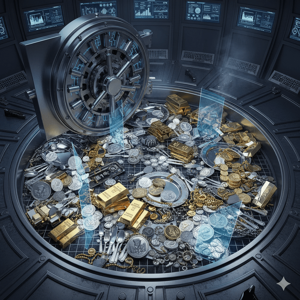 Vault filled with gold bars, silver coins, and precious metals